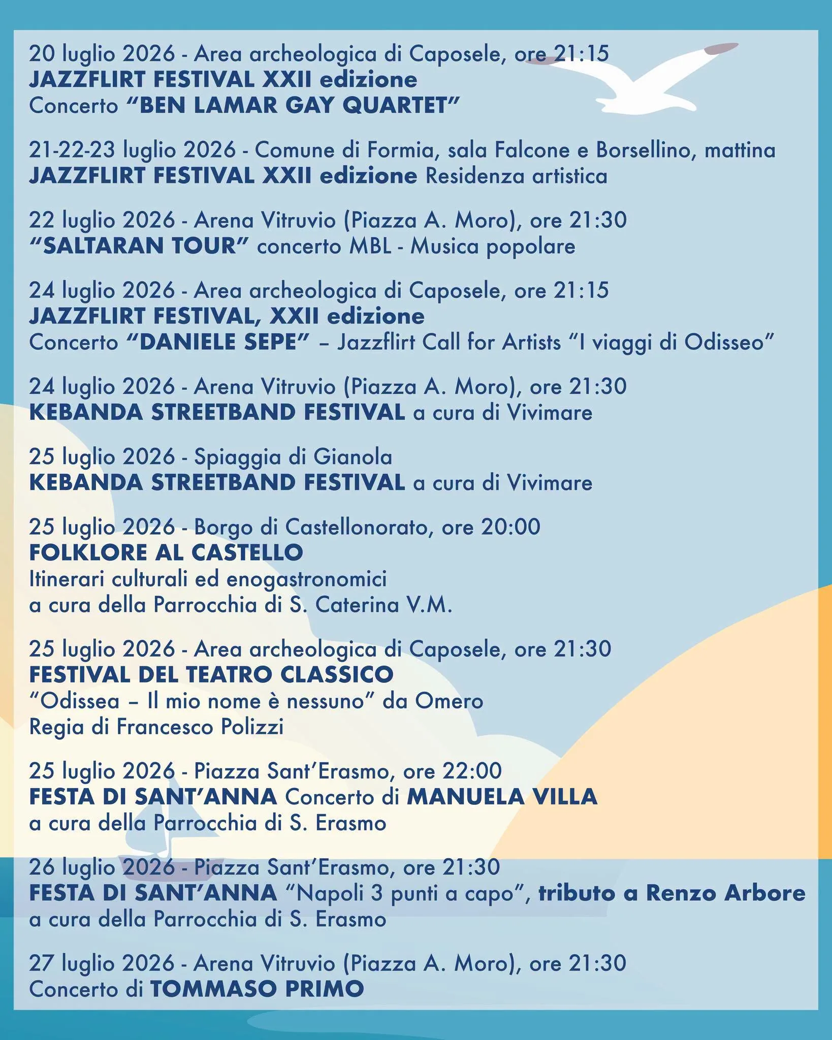 Pagina del programma ufficiale dell'Estate Formiana 2026 con gli eventi di luglio