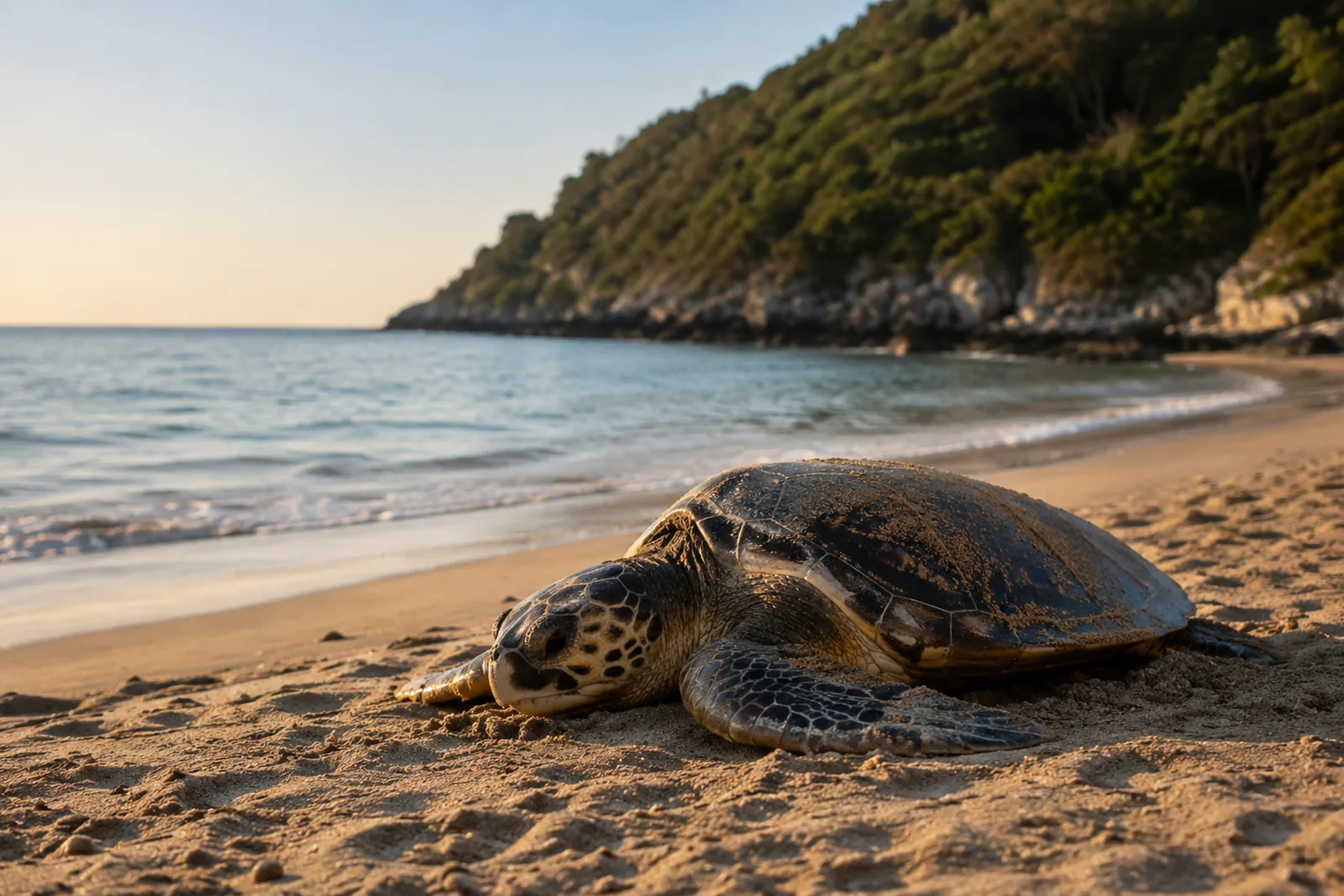 Caretta caretta adulta sulla spiaggia dell'Ariana a Gaeta, con il mare e la costa sullo sfondo