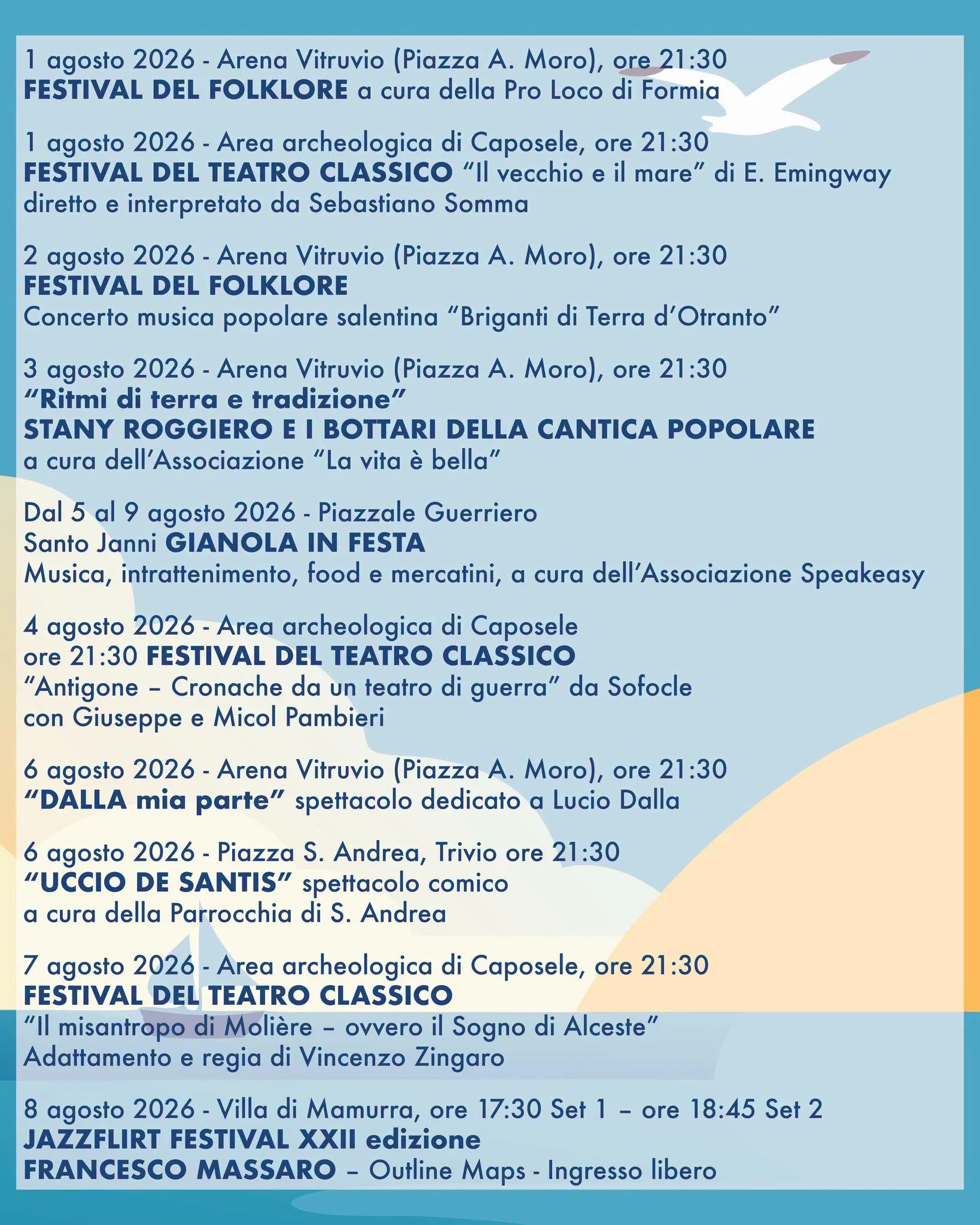 Pagina del programma ufficiale dell'Estate Formiana 2026 con gli eventi di agosto e settembre
