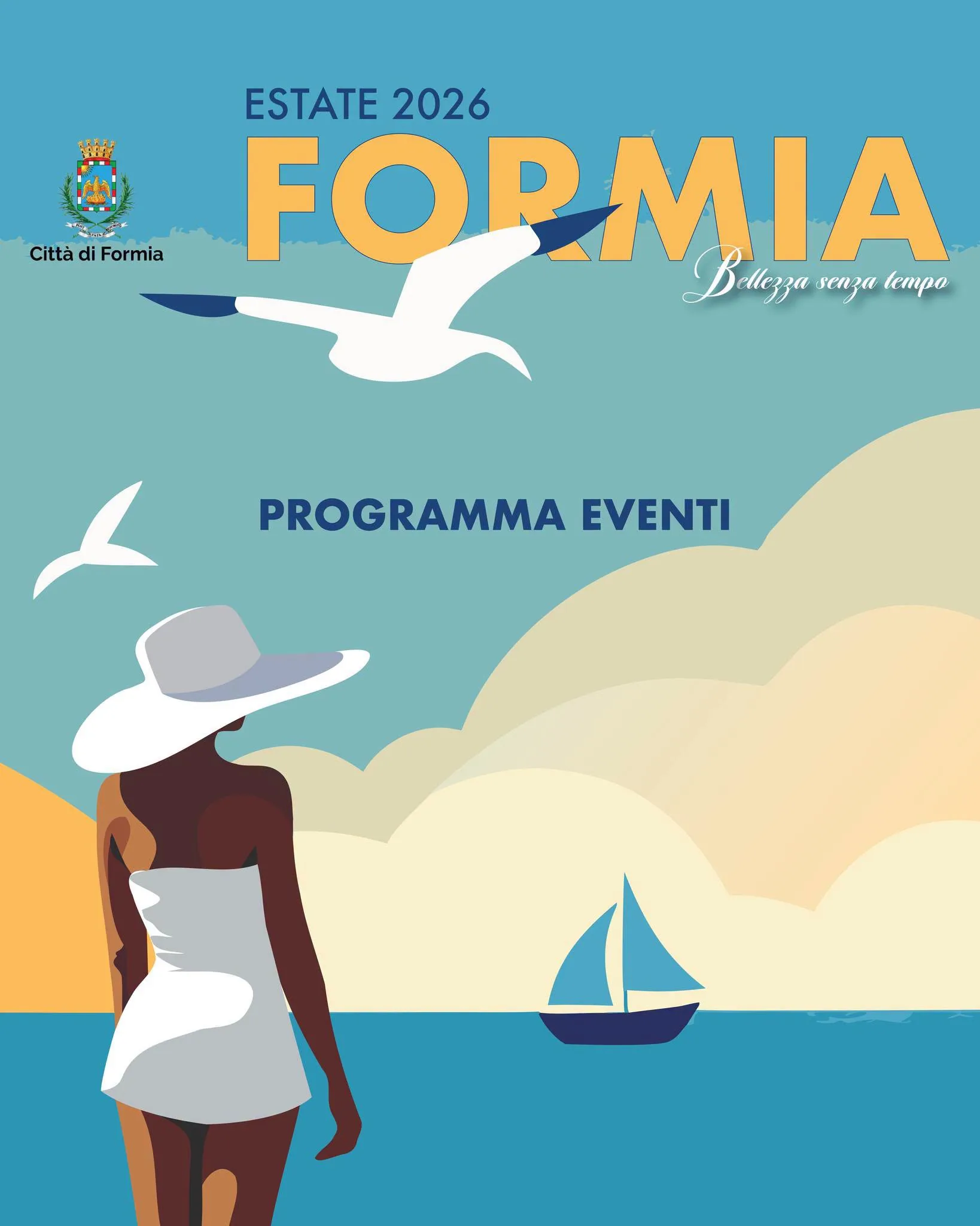 Copertina ufficiale dell'Estate Formiana 2026 del Comune di Formia con figura femminile, gabbiani e vela sul Golfo